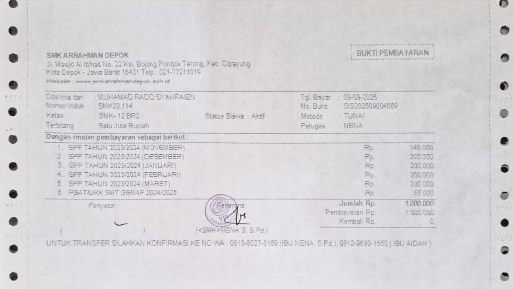 Bukti pembayaran SPP Rado