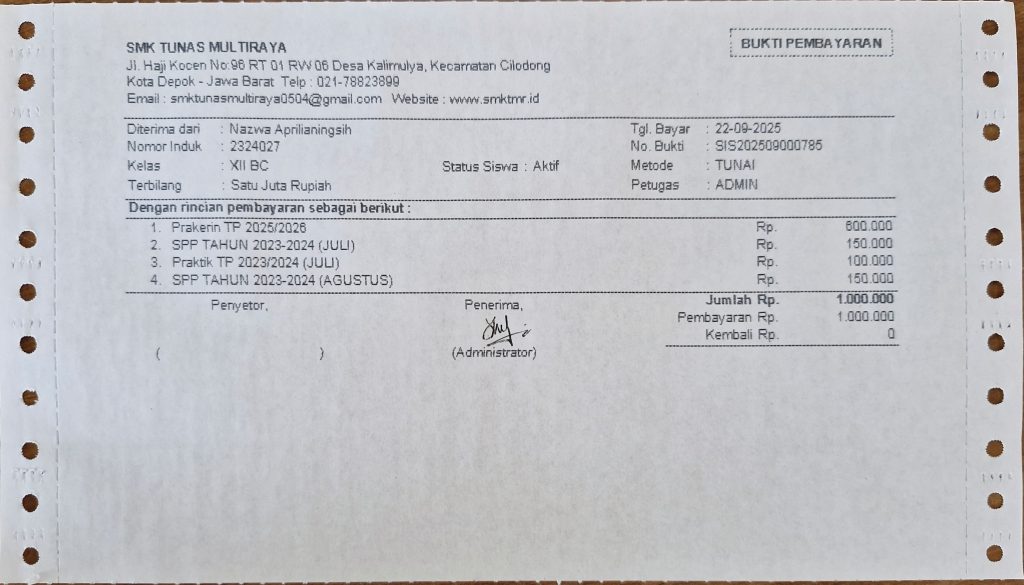 Bukti pembayaran sebagian tunggakan Nazwa di SMK TMR.